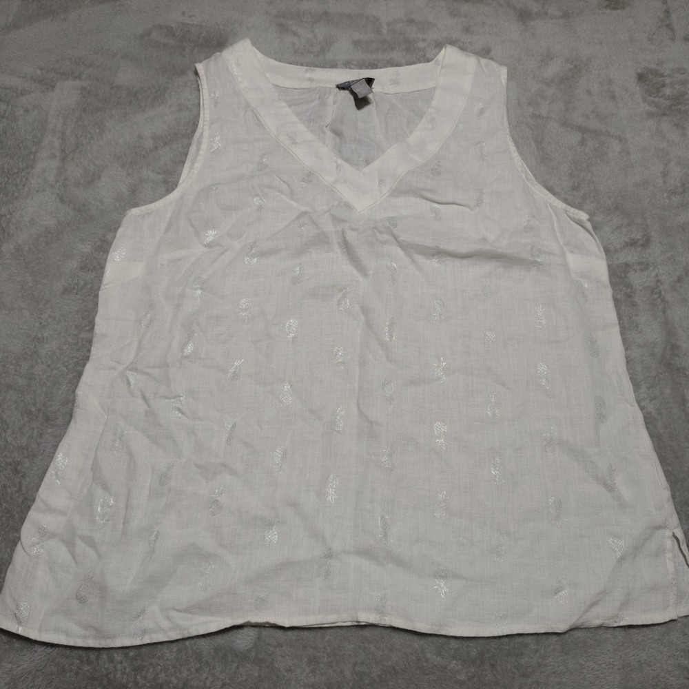 Kenar 100%‎ Linen Sleeveless Top Ladies XL White Pineapples Cruising Vacation